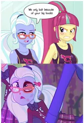 Size: 968x1424 | Tagged: grimdark, artist:rapps, banned from derpibooru, deleted from derpibooru, derpibooru import, edit, sour sweet, sugarcoat, equestria girls, friendship games, abuse, abuse edit, clothes, edgy, eqg abuse edits, punch, reality ensues, sugarbuse, swimsuit
