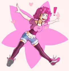 Size: 1047x1080 | Tagged: safe, artist:the-park, banned from derpibooru, deleted from derpibooru, derpibooru import, pinkie pie, human, belly button, clothes, exclamation point, heart, humanized, midriff, open mouth, shoes, shorts, sneakers, socks, solo, striped socks, tanktop, thigh highs