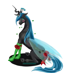 Size: 1024x1024 | Tagged: safe, artist:astralanomaly, banned from derpibooru, deleted from derpibooru, derpibooru import, queen chrysalis, bedroom eyes, blushing, bow, clothes, heart, holiday, looking at you, semi-realistic, socks, solo, tail bow, valentine's day