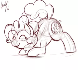 Size: 1100x1000 | Tagged: safe, artist:matimus91, banned from derpibooru, deleted from derpibooru, derpibooru import, pinkie pie, eyes closed, happy, monochrome, sketch, smiling, solo
