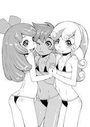 Size: 859x1214 | Tagged: suggestive, artist:okekoba, banned from derpibooru, deleted from derpibooru, derpibooru import, apple bloom, scootaloo, sweetie belle, equestria girls, belly button, bikini, breasts, clothes, cute, cutie mark crusaders, delicious flat chest, female, females only, grayscale, image, jpeg, lolicon, monochrome, older, swimsuit, underage