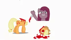 Size: 1024x576 | Tagged: grimdark, banned from derpibooru, deleted from derpibooru, derpibooru import, applejack, pinkie pie, earth pony, pony, 1000 hours in ms paint, abuse, background pony strikes again, blood, decapitated, female, jackabuse, knife, mare, ms paint, murder, pinkamena diane pie, severed head, simple background, stylistic suck, white background