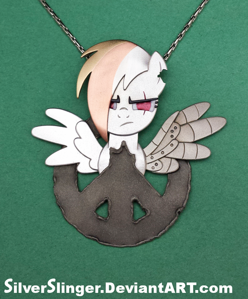 Size: 692x833 | Tagged: safe, artist:silverslinger, banned from derpibooru, deleted from derpibooru, derpibooru import, rainbow dash, the cutie re-mark, alternate timeline, amputee, apocalypse dash, artificial wings, augmented, charity, craft, crystal war timeline, irl, jewelry, necklace, pendant, photo, prosthetic limb, prosthetics, prosthetic wing, scar, solo, torn ear, wings