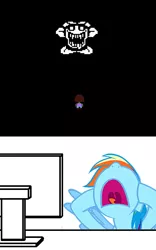 Size: 400x641 | Tagged: semi-grimdark, banned from derpibooru, deleted from derpibooru, derpibooru import, rainbow dash, exploitable meme, flowey, meme, obligatory pony, screaming, tv meme, undertale