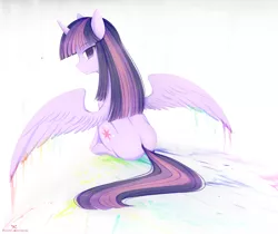 Size: 1280x1073 | Tagged: safe, artist:pastelmistress, banned from derpibooru, deleted from derpibooru, derpibooru import, twilight sparkle, twilight sparkle (alicorn), alicorn, pony, butt, female, looking back, mare, plot, signature, sitting, solo, spread wings, wings