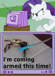 Size: 625x854 | Tagged: safe, banned from derpibooru, deleted from derpibooru, derpibooru import, rarity, crab, giant crab, angry, caption, challenge accepted, exploitable meme, hooves raised, knife, meme, obligatory pony, photo, rarity fighting a giant crab, tv meme