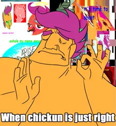 Size: 557x605 | Tagged: safe, banned from derpibooru, deleted from derpibooru, derpibooru import, scootaloo, chickun, exploitable meme, faic, forced meme, meme, pacha, when x just right