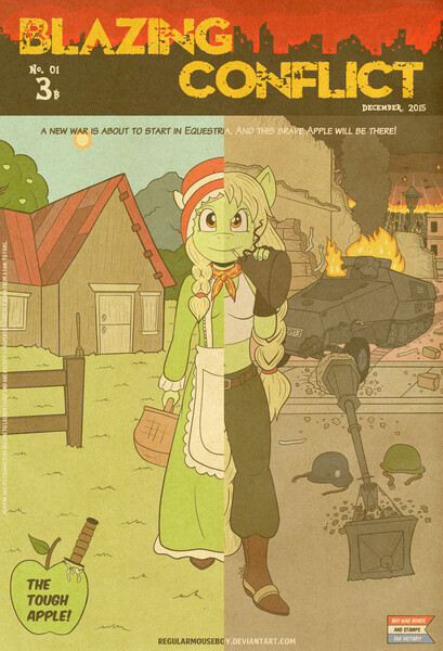 Size: 2106x3090 | Tagged: safe, artist:regularmouseboy, banned from derpibooru, deleted from derpibooru, derpibooru import, apple bloom, applejack, big macintosh, granny smith, anthro, earth pony, comic:blazing conflict, alternate universe, apc, apple family, army, badass, belly button, blazing conflict, cigarette, city, clothes, comic, cover, duality, gun, half-track, machine gun, midriff, military, retro, smoking, soldier, sweet apple acres, tanktop, took a level in badass, vintage, war, weapon, world war ii, younger, young granny smith