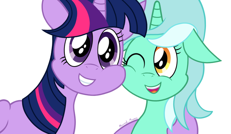 Size: 1240x720 | Tagged: safe, artist:manual-monaro, banned from derpibooru, deleted from derpibooru, derpibooru import, lyra heartstrings, twilight sparkle, alicorn, cheek squish, floppy ears, grin, hug, looking at you, one eye closed, puffy cheeks, simple background, smiling, squishy cheeks, twilight sparkle (alicorn)