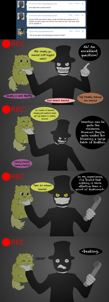Size: 1000x2760 | Tagged: grimdark, artist:mutagen, banned from derpibooru, deleted from derpibooru, derpibooru import, fluffy pony, abuse, biting hand, fluffy pony grimdark, image, png, ringmaster, smarty friend, this will end in death, uh oh