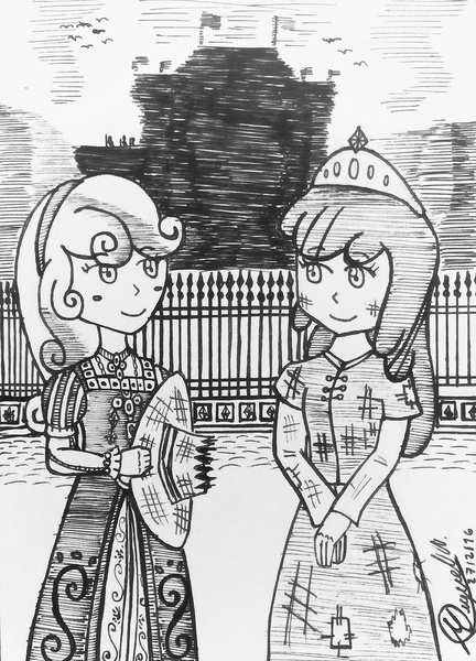 Size: 2301x3197 | Tagged: safe, artist:atisuto17, banned from derpibooru, deleted from derpibooru, derpibooru import, apple bloom, sweetie belle, equestria girls, book, british, century 16, crossover, england, female, mark twain, monochrome, the prince and the pauper, traditional art