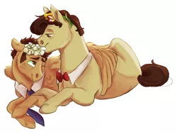 Size: 1302x984 | Tagged: safe, artist:tegechu, banned from derpibooru, deleted from derpibooru, derpibooru import, doctor whooves, time turner, pony, doctor who, eleventh doctor, flower, flower in hair, gay, male, self ponidox, selfcest, shipping, simple background, stallion, tenth doctor, tulip, white background
