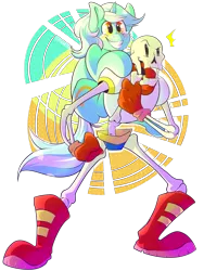 Size: 4500x6000 | Tagged: safe, artist:tentauncool, banned from derpibooru, deleted from derpibooru, derpibooru import, lyra heartstrings, crossover, cute, duo, papyrus, papyrus (undertale), piggyback ride, simple background, starry eyes, transparent background, undertale, wingding eyes