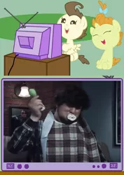 Size: 564x798 | Tagged: safe, banned from derpibooru, deleted from derpibooru, derpibooru import, pound cake, pumpkin cake, pony, baby, baby pony, cake twins, exploitable meme, jontron, meme, obligatory pony, pacifier, rattle, siblings, tv meme, twins