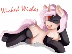 Size: 1024x769 | Tagged: suggestive, artist:conrie, banned from derpibooru, deleted from derpibooru, derpibooru import, oc, oc:wicked wishes, unofficial characters only, adorasexy, boots, clothes, commission, cute, latex, latex socks, name, no pupils, one eye closed, sexy, shoes, socks, thigh highs, wink