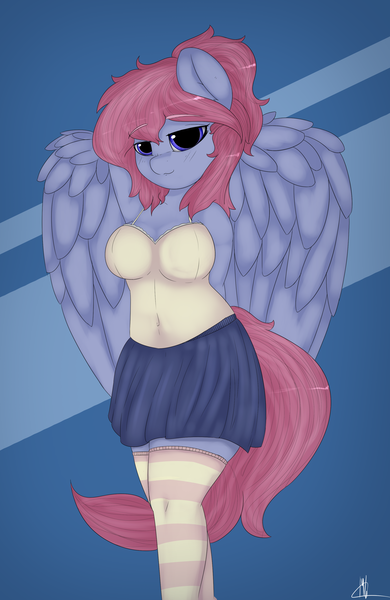 Size: 2089x3211 | Tagged: safe, artist:interesting-brushy, banned from derpibooru, deleted from derpibooru, derpibooru import, oc, oc:azure flow, unofficial characters only, anthro, pegasus, clothes, ponytail, skirt, socks, solo, thigh highs, wings, zettai ryouiki