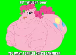 Size: 960x698 | Tagged: safe, banned from derpibooru, deleted from derpibooru, derpibooru import, edit, pinkie pie, blob, caption, fat, image macro, lordryu fat edit, meme, morbidly obese, obese, reference, sweat, text
