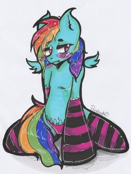Size: 1024x1359 | Tagged: suggestive, artist:ponebooth, banned from derpibooru, deleted from derpibooru, derpibooru import, rainbow dash, blushing, clothes, panties, socks, solo, striped socks, underwear