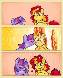 Size: 2696x3304 | Tagged: safe, artist:shellielle, banned from derpibooru, deleted from derpibooru, derpibooru import, sunset shimmer, twilight sparkle, twilight sparkle (alicorn), alicorn, pony, rapidash, unicorn, comic, female, fiery shimmer, grin, heart, kiss on the cheek, kissing, lesbian, mane of fire, mare, pokémon, rapidash shimmer, shipping, smiling, sneaking, sunsetsparkle