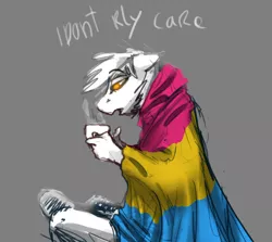 Size: 500x446 | Tagged: safe, artist:duh-veed, banned from derpibooru, deleted from derpibooru, derpibooru import, oc, unofficial characters only, anthro, cross legged, flag, monochrome, pansexual, rainbow flag, sitting, solo, text
