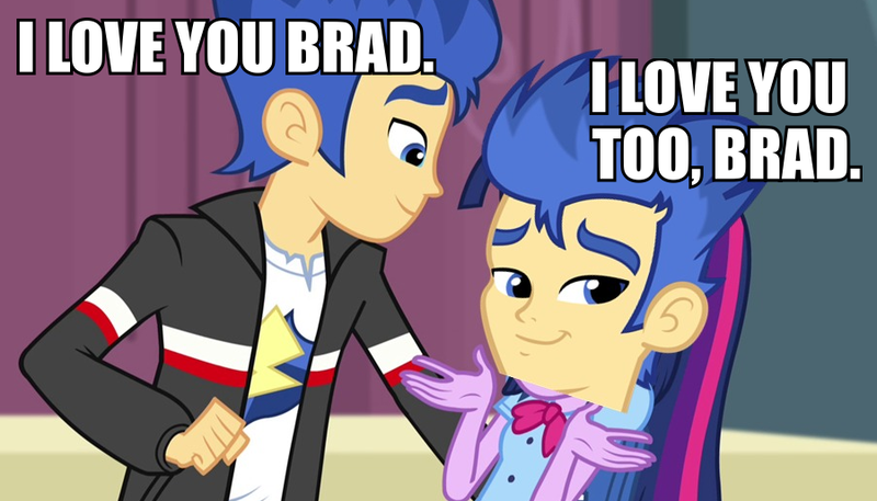 Size: 900x514 | Tagged: safe, banned from derpibooru, deleted from derpibooru, derpibooru import, flash sentry, twilight sparkle, equestria girls, rainbow rocks, big bad brad, brad, canterlot high, caption, exploitable meme, gym, image macro, meme, self ponidox, selfcest, shipping, text