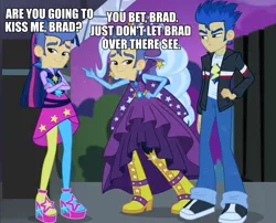 Size: 770x622 | Tagged: safe, banned from derpibooru, deleted from derpibooru, derpibooru import, flash sentry, trixie, twilight sparkle, equestria girls, rainbow rocks, battle of the bands, big bad brad, brad, exploitable meme, meme, night, stage