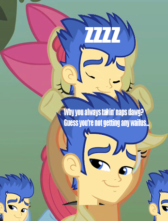 Size: 347x456 | Tagged: safe, banned from derpibooru, deleted from derpibooru, derpibooru import, apple bloom, applejack, flash sentry, big bad brad, exploitable meme, meme, sleeping