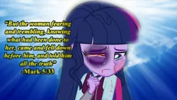Size: 1280x720 | Tagged: grimdark, banned from derpibooru, deleted from derpibooru, derpibooru import, edit, twilight sparkle, equestria girls, friendship games, a message from the church of jesus christ of latter-day saints, abuse, abuse edit, bible, black eye, blood, brush, crying, eqg abuse edits, twilybuse, verse
