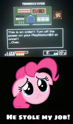 Size: 1179x1988 | Tagged: safe, banned from derpibooru, deleted from derpibooru, derpibooru import, pinkie pie, caption, fourth wall, image macro, meme, metal gear, obligatory pony, playstation 3, text