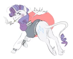 Size: 763x619 | Tagged: safe, artist:tegechu, banned from derpibooru, deleted from derpibooru, derpibooru import, rarity, classical unicorn, unicorn, bruised, cigarette, cloven hooves, fight me, leonine tail, letterman jacket, smoking, solo, unshorn fetlocks