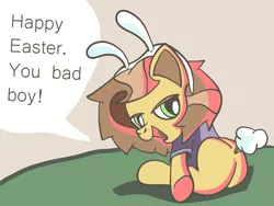 Size: 1332x1000 | Tagged: suggestive, artist:fillerartist, banned from derpibooru, deleted from derpibooru, derpibooru import, oc, oc:milly millstone, unofficial characters only, bunny ears, bunny tail, butt, clothes, easter, holiday, plot, shirt, solo, sunset