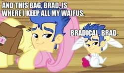 Size: 889x523 | Tagged: safe, banned from derpibooru, deleted from derpibooru, derpibooru import, angel bunny, flash sentry, fluttershy, bag, big bad brad, brad, caption, exploitable meme, image macro, meme, petting, text, waifu thief