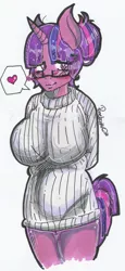Size: 1024x2232 | Tagged: suggestive, artist:ponebooth, banned from derpibooru, deleted from derpibooru, derpibooru import, twilight sparkle, anthro, alternate hairstyle, blushing, breasts, busty twilight sparkle, clothes, female, glasses, solo, solo female, sweater, sweater puppies