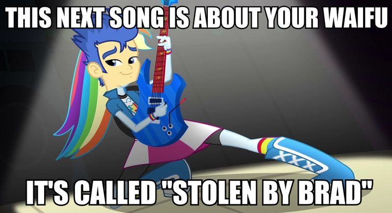 Size: 951x518 | Tagged: safe, banned from derpibooru, deleted from derpibooru, derpibooru import, flash sentry, equestria girls, big bad brad, brad, canterlot high, exploitable meme, guitar, light, meme, music, musical instrument, stage, waifu thief