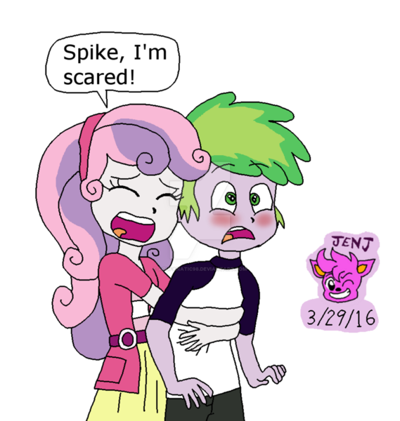 Size: 1024x1079 | Tagged: safe, artist:resotii, banned from derpibooru, deleted from derpibooru, derpibooru import, spike, sweetie belle, human, equestria girls, blushing, deviantart watermark, equestria girls-ified, female, frightened, hug, human spike, humanized, male, obtrusive watermark, open mouth, scared, shipping, spikebelle, straight, watermark