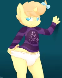 Size: 2000x2520 | Tagged: suggestive, artist:lamia, banned from derpibooru, deleted from derpibooru, derpibooru import, pumpkin cake, anthro, babycon, clothes, diaper, female, lamia did it again, lolicon, looking at you, shirt, smiling, solo, solo female, underage