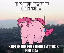 Size: 600x500 | Tagged: safe, banned from derpibooru, deleted from derpibooru, derpibooru import, edit, pinkie pie, caption, city, fat, image macro, inflation, lordryu fat edit, macro, morbidly obese, obese, spam, text