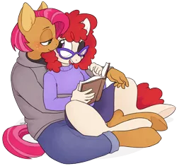 Size: 800x752 | Tagged: safe, artist:cuteosphere, banned from derpibooru, deleted from derpibooru, derpibooru import, babs seed, twist, anthro, earth pony, babstwist, book, clothes, cute, eyepatch, female, freckles, glasses, hoodie, image, lesbian, pants, png, shipping, simple background, skirt, transparent background