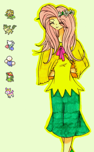 Size: 323x522 | Tagged: safe, artist:inkylove34, banned from derpibooru, deleted from derpibooru, derpibooru import, fluttershy, deerling, human, jumpluff, leafeon, lilligant, sunflora, clothes, crossover, female, gym leader, humanized, pokémon, pokémon team, roserade, skirt, solo