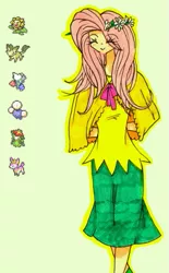Size: 323x522 | Tagged: safe, artist:inkylove34, banned from derpibooru, deleted from derpibooru, derpibooru import, fluttershy, deerling, human, jumpluff, leafeon, lilligant, sunflora, clothes, crossover, female, gym leader, humanized, pokémon, pokémon team, roserade, skirt, solo