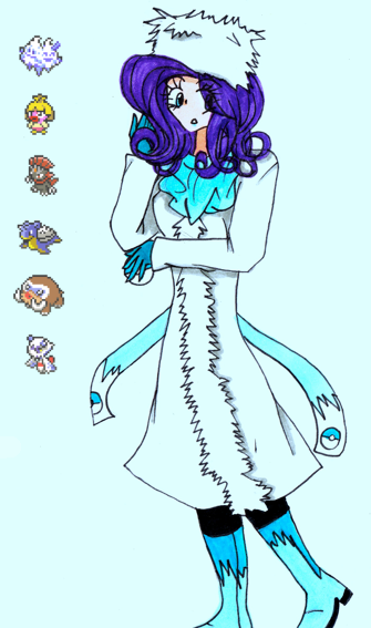 Size: 335x567 | Tagged: safe, artist:inkylove34, banned from derpibooru, deleted from derpibooru, derpibooru import, rarity, froslass, human, lapras, mamoswine, smoochum, weavile, crossover, female, gym leader, humanized, pokémon, solo