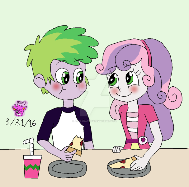 Size: 1024x1013 | Tagged: safe, artist:resotii, banned from derpibooru, deleted from derpibooru, derpibooru import, spike, sweetie belle, human, equestria girls, blushing, date, female, food, human spike, humanized, male, pizza, shipping, spikebelle, straight, watermark