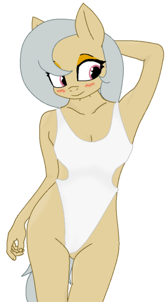 Size: 552x994 | Tagged: suggestive, artist:unbiased philosopher, banned from derpibooru, deleted from derpibooru, derpibooru import, oc, oc:rosy peach, unofficial characters only, anthro, anthro oc, blushing, clothes, female, looking down, one-piece swimsuit, simple background, smiling, solo, solo female, swimsuit, transparent background, young