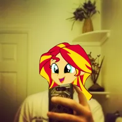 Size: 320x320 | Tagged: safe, banned from derpibooru, deleted from derpibooru, derpibooru import, edit, sunset shimmer, equestria girls, 1000 years in photoshop, lowres, phone, photoshop, plant, selfie, shimmersmile