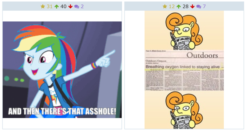 Size: 1288x684 | Tagged: safe, banned from derpibooru, deleted from derpibooru, derpibooru import, carrot top, golden harvest, rainbow dash, derpibooru, equestria girls, and then there's this asshole, exploitable meme, juxtaposition, meme, meta, vulgar