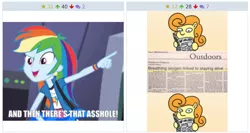 Size: 1288x684 | Tagged: safe, banned from derpibooru, deleted from derpibooru, derpibooru import, carrot top, golden harvest, rainbow dash, derpibooru, equestria girls, and then there's this asshole, exploitable meme, juxtaposition, meme, meta, vulgar