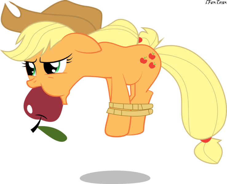 Size: 12306x10000 | Tagged: safe, artist:ifoxtrax, banned from derpibooru, deleted from derpibooru, derpibooru import, applejack, boast busters, absurd resolution, apple, apple gag, bondage, bound and gagged, food, funny, gag, hogtied, hopping, humiliation, missing freckles, rope, simple background, solo, tied up, transparent background, vector