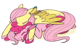 Size: 777x495 | Tagged: safe, artist:selective-yellow, banned from derpibooru, deleted from derpibooru, derpibooru import, fluttershy, pinkie pie, pony, cute, diapinkes, duo, eyes closed, female, flutterpie, happy, lesbian, nap, ponies riding ponies, riding, shipping, shyabetes, sleeping, smiling, spread wings, wings