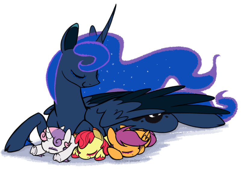 Size: 1131x821 | Tagged: safe, artist:selective-yellow, banned from derpibooru, deleted from derpibooru, derpibooru import, apple bloom, princess luna, scootaloo, sweetie belle, classical unicorn, unicorn, cloven hooves, cute, cutie mark crusaders, eyes closed, female, filly, folded wings, leonine tail, looking down, maternaluna, missing accessory, protecting, scootalove, sitting, sleeping, unshorn fetlocks, wings