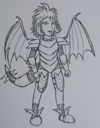 Size: 365x469 | Tagged: dead source, safe, artist:jklrxdk, banned from derpibooru, deleted from derpibooru, derpibooru import, princess ember, human, dragon armor, humanized, monochrome, solo, tailed humanization, traditional art, winged humanization, wings